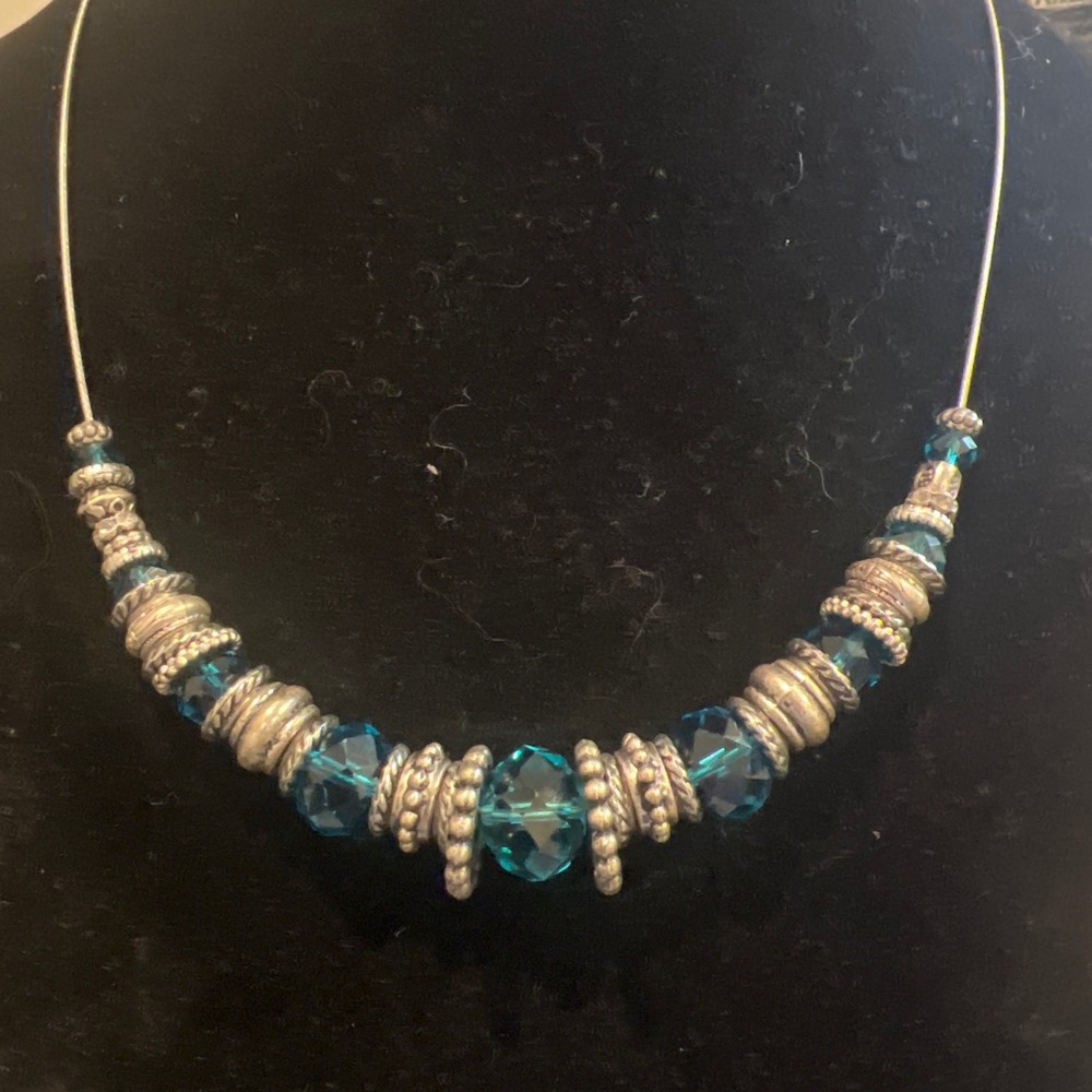 Vtg Boho Teal‎ Blue Faceted Beaded Silver Tone Statement Necklace 18-20 in